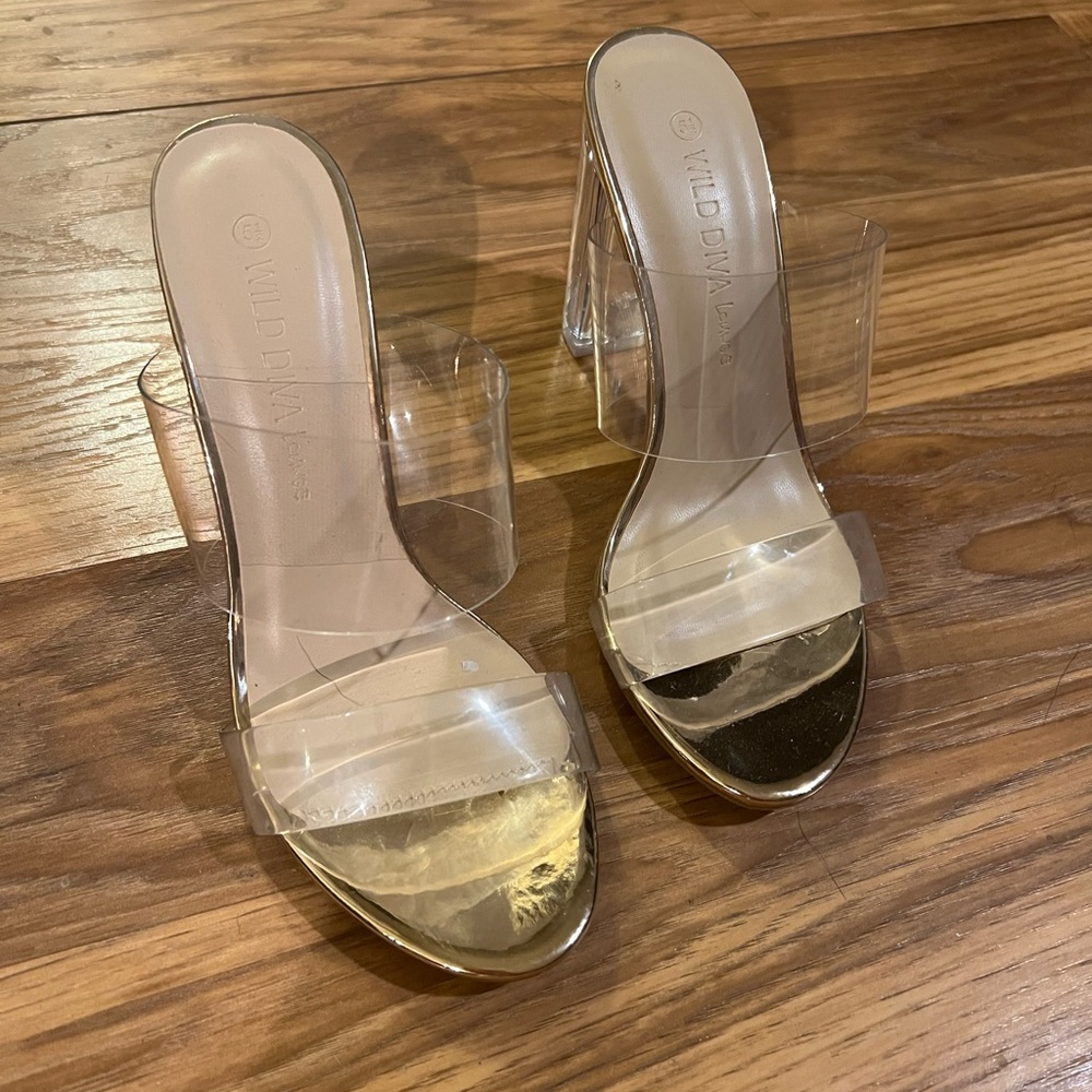 Clear heels with rose gold lining